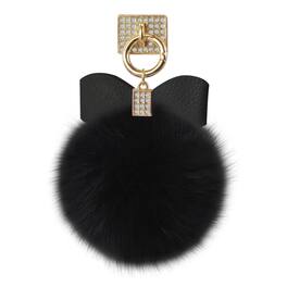 Reiko - Phone Holder/ Finger Loop Grip With Rhinestone Soft Puffy Fur Ball In - Black