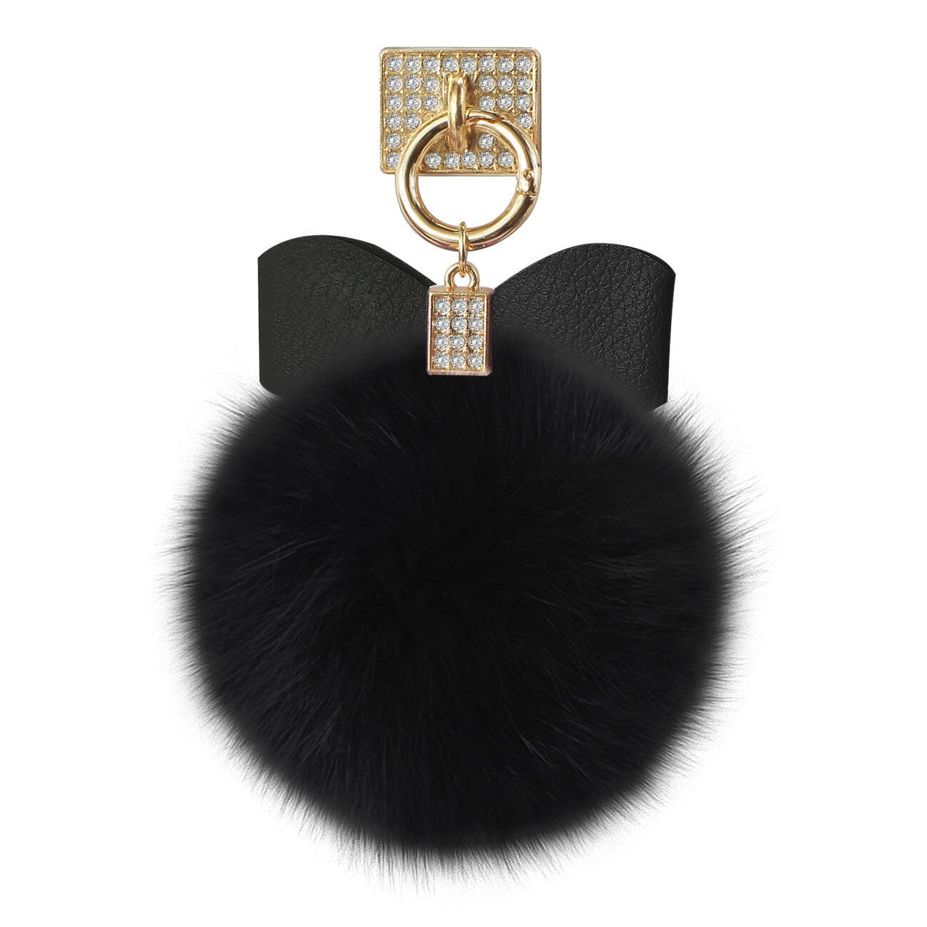 Front. Reiko - Phone Holder/ Finger Loop Grip With Rhinestone Soft Puffy Fur Ball In Black - Black.