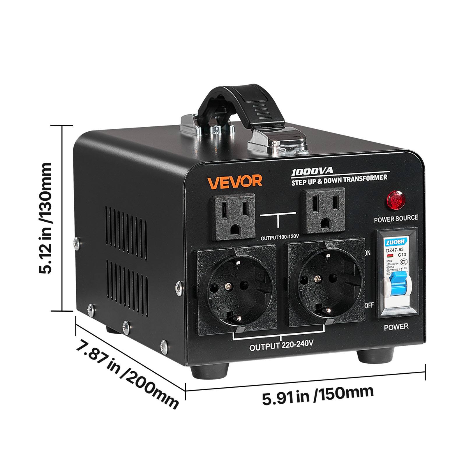 1000VA VEVOR STEP UP & DOWN TRANSFORMER

POWER SOURCE OUTPUT 100-120V

POWER OUTPUT 220-240V

Dimensions:
- Height: 5.12 in / 130mm
- Width: 7.87 in / 200mm
- Depth: 5.91 in / 150mm
