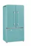 The image features a classic Beldor refrigerator, which is a vintage model. The refrigerator is a large, two-door unit with a light blue color. The doors are open, revealing the interior of the refrigerator. The refrigerator is positioned in a white background, which emphasizes its color and design.