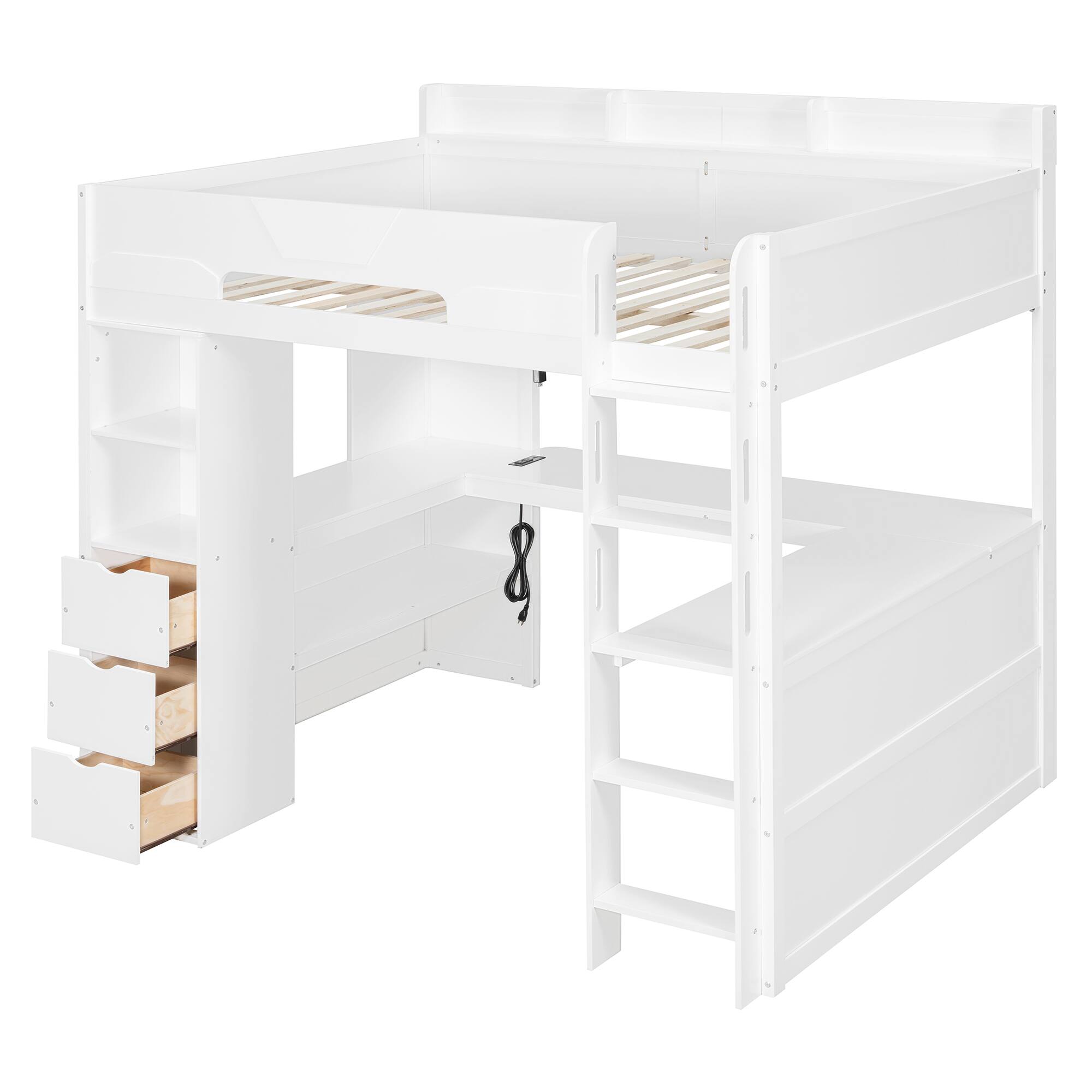 Back. Whisen - Full Size Gaming Loft Bed with U-Shaped Desk,RGB LED Lights,USB Ports,Storage Drawers and Shelves - White.