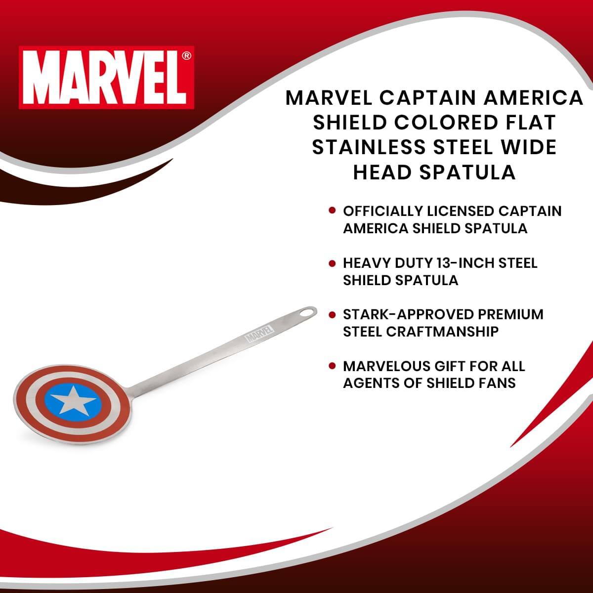 MARVEL CAPTAIN AMERICA SHIELD COLORED FLAT STAINLESS STEEL WIDE HEAD SPATULA

- OFFICIALLY LICENSED CAPTAIN AMERICA SHIELD SPATULA
- HEAVY DUTY 13-INCH STEEL SHIELD SPATULA
- STARK-APPROVED PREMIUM STEEL CRAFTSMANSHIP
- MARVELOUS GIFT FOR ALL AGENTS OF SHIELD FANS