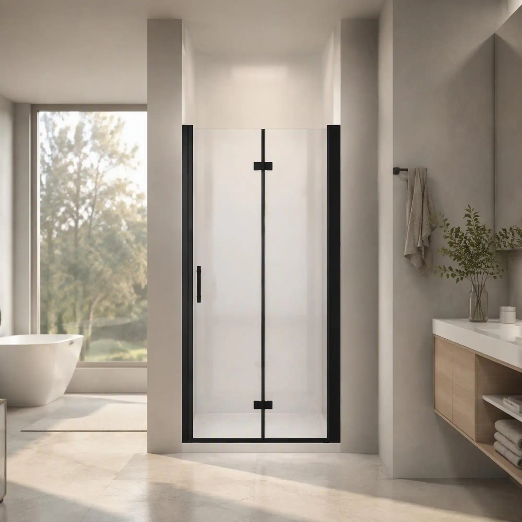 Front. RYHNUYNE - 28-29 In X 72 In Bifold Shower Door, 1/4 In Clear Tempered Glass Matte Black Finish - Matte Black.