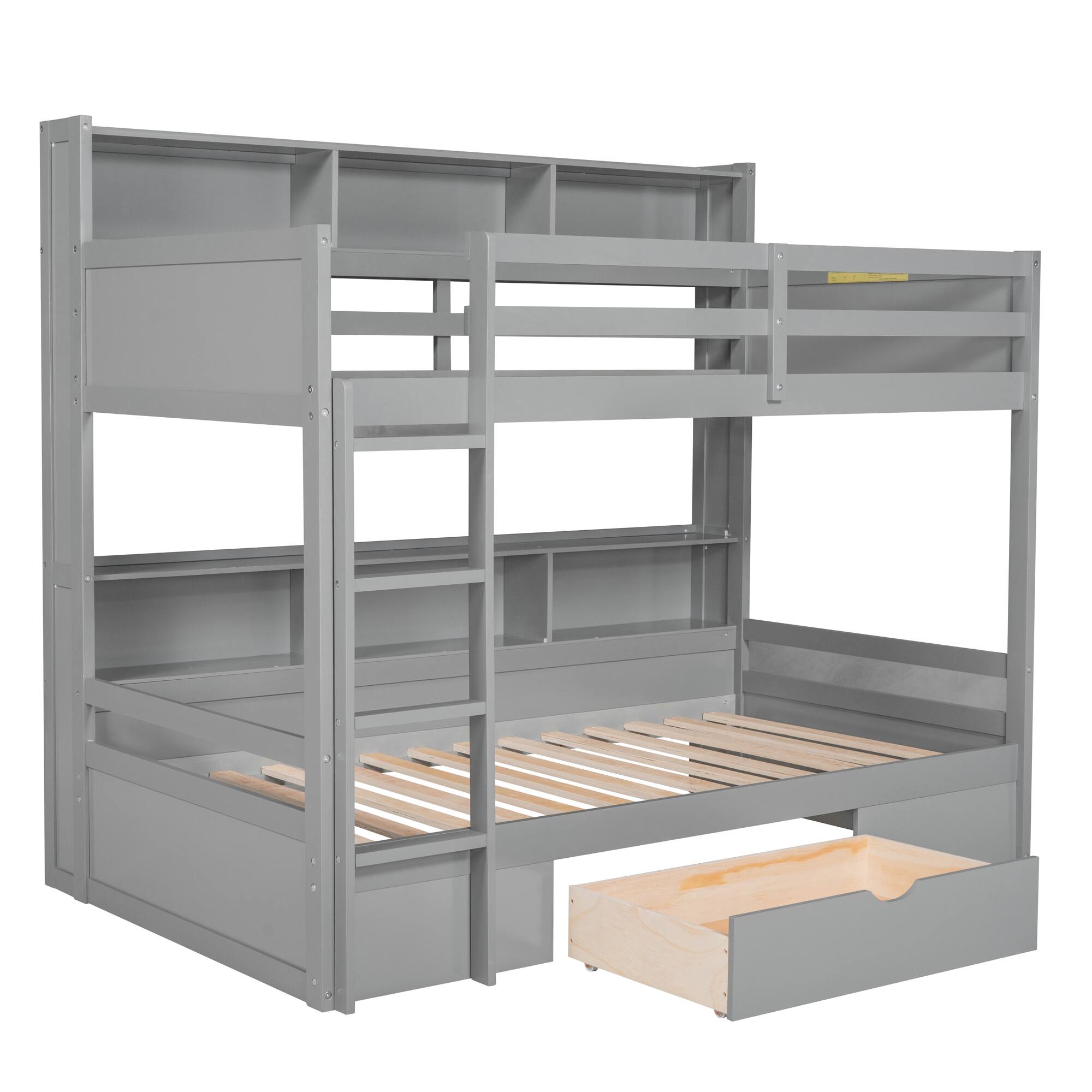 Alt View 1. Anysun - Twin Size Bunk Bed with Built-in Shelves & Storage Drawer, Space-Saving Wooden Bunk Bed for Kids or Dorm Room - Gray.