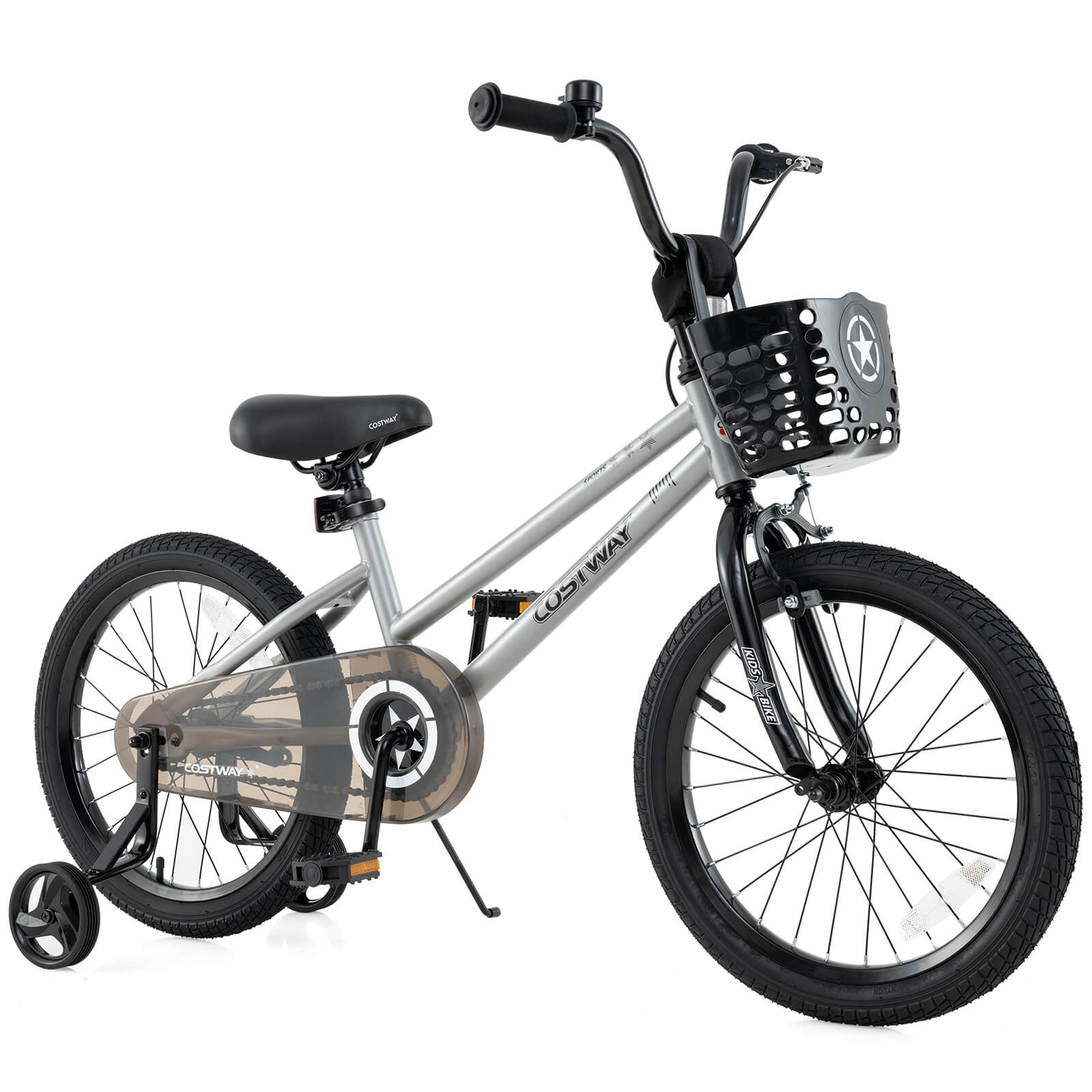 Costway - 18" Kid's Bike with Training Wheels Adjustable Handlebar & Seat Handbrake - Silver