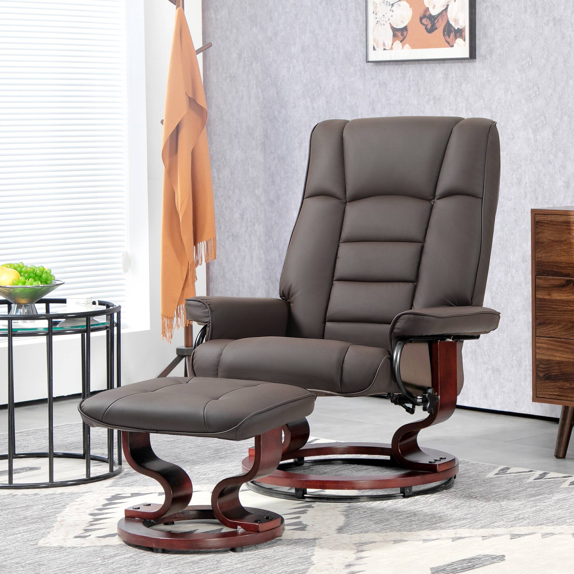 Alt View 1. Homcom - Faux Leather Reclining Chair, Swivel Ottoman Chair, Recliner with Ottoman with High Back and Wood Frame for Living Room - Brown.