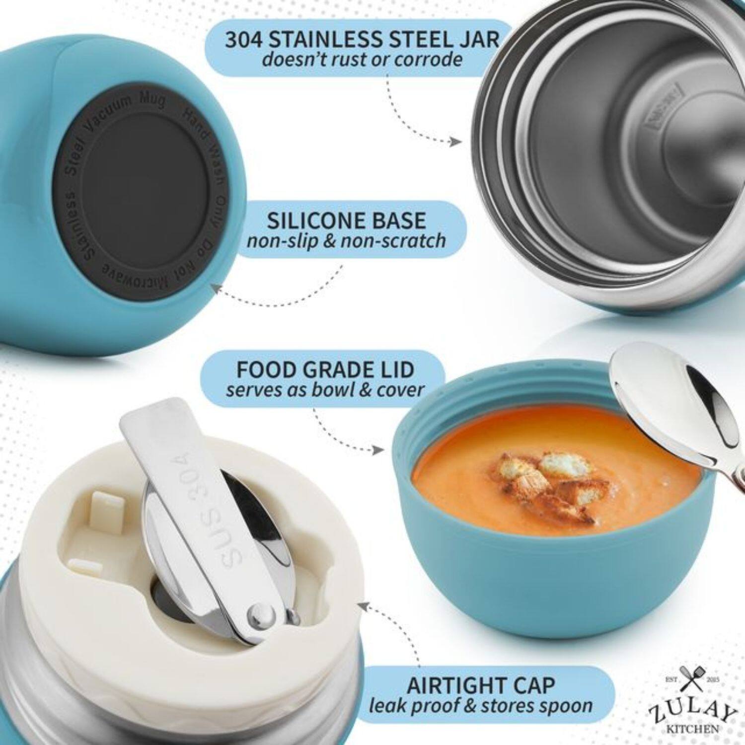 304 STAINLESS STEEL JAR doesn't rust or corrode, Mug Vacuum Hand Steel Only, SILICONE BASE non-slip & non-scratch, FOOD GRADE LID serves as bowl & cover, AIRTIGHT CAP leak proof & stores spoon, ZULAY KITCHEN