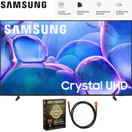 Sure, here is the corrected and grouped text from the image:
---
**SAMSUNG**
- Crystal Processor 4K
- MetalStream Design
- Samsung Knox Security
- Endless Free Content
**SAMSUNG Crystal UHD**
**DECOGEAR CPS BUNDLE**
- 26 MONTH CPS PROTECTION
- EXCLUSIVE DECOGEAR HDMI CABLES
- 2 HDMI CABLES
---