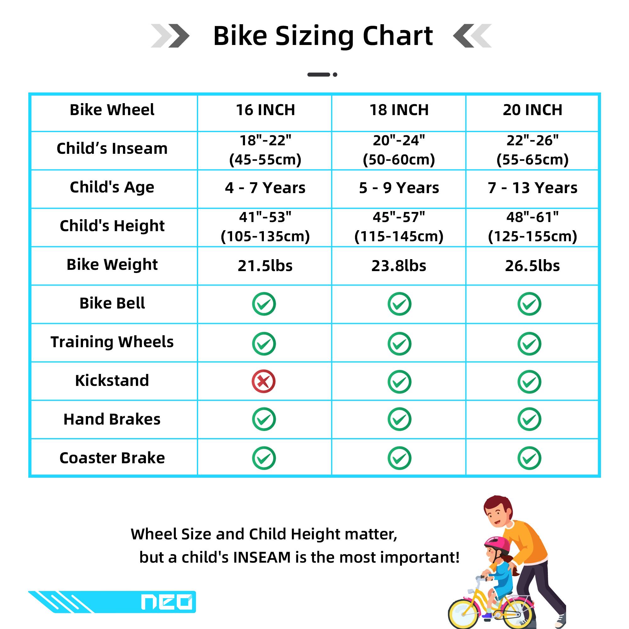 Bike Sizing Chart

Bike Wheel | 16 INCH | 18 INCH | 20 INCH
--- | --- | --- | ---
Child's Inseam | 18"-22" (45-55cm) | 20"-24" (50-60cm) | 22"-26" (55-65cm)
Child's Age | 4 - 7 Years | 5 - 9 Years | 7 - 13 Years
Child's Height | 41"-53" (105-135cm) | 45"-57" (115-145cm) | 48"-61" (125-155cm)
Bike Weight | 21.5lbs | 23.8lbs | 26.5lbs
Bike Bell | ✔️ | ✔️ | ✔️
Training Wheels | ✔️ | ✔️ | ✔️
Kickstand | ❌ | ✔️ | ✔️
Hand Brakes | ✔️ | ✔️ | ✔️
Coaster Brake | ✔️ | ✔️ |