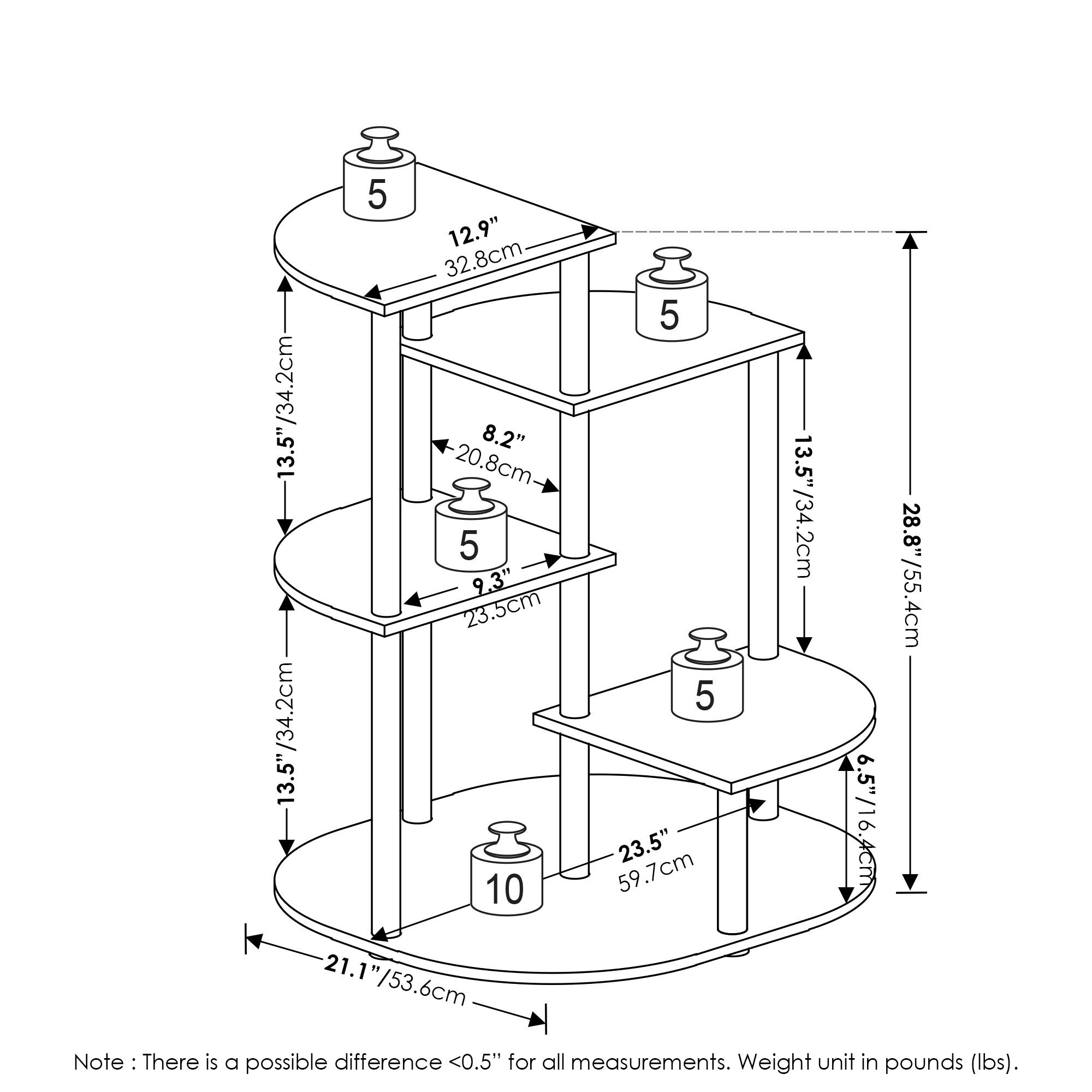 - Top shelf: 12.9" (32.8cm)
- Middle shelf: 13.5" (34.2cm)
- Bottom shelf: 13.5" (34.2cm)
- Height from top to bottom: 28.8" (73.5cm)
- Diameter of top shelf: 21.1" (53.6cm)
- Diameter of middle shelf: 23.5" (59.7cm)
- Diameter of bottom shelf: 23.5" (59.7cm)
- Height of each shelf from the floor: 13.5" (34.2cm)
- Height of each shelf from the shelf below: 8.2" (20.8cm)
- Height of each shelf from the shelf below: 9.3" (23.5cm)
- Height of each shelf from the shelf below: 6.5" (16.4cm)
- Note: There is a possible difference <0.5" for all measurements. Weight unit in pounds (lbs).