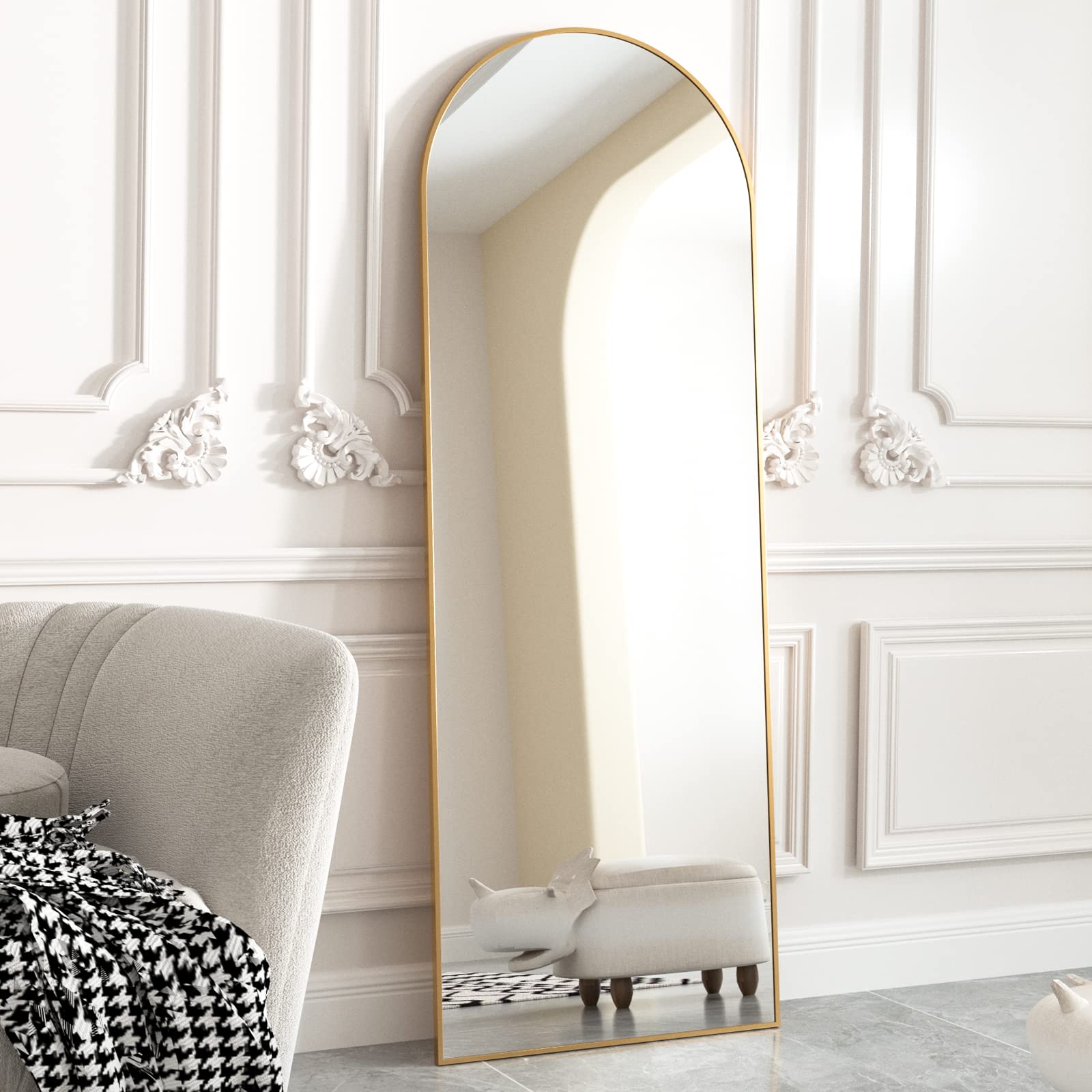 Angle. HOMLUX - Arched Full Length Floor Mirror Gold Aluminum Frame Free Standing Leaning Wall Mount for Bedroom Entryway.