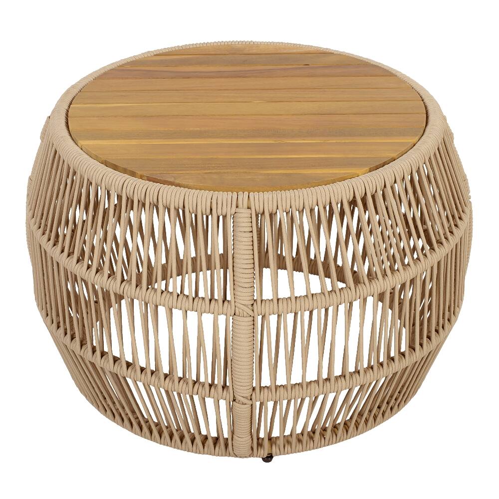 Alt View 2. Loheer - Loheer Round Acacia Wood Side Table Rope Frame Teak Finish - Light Beige.