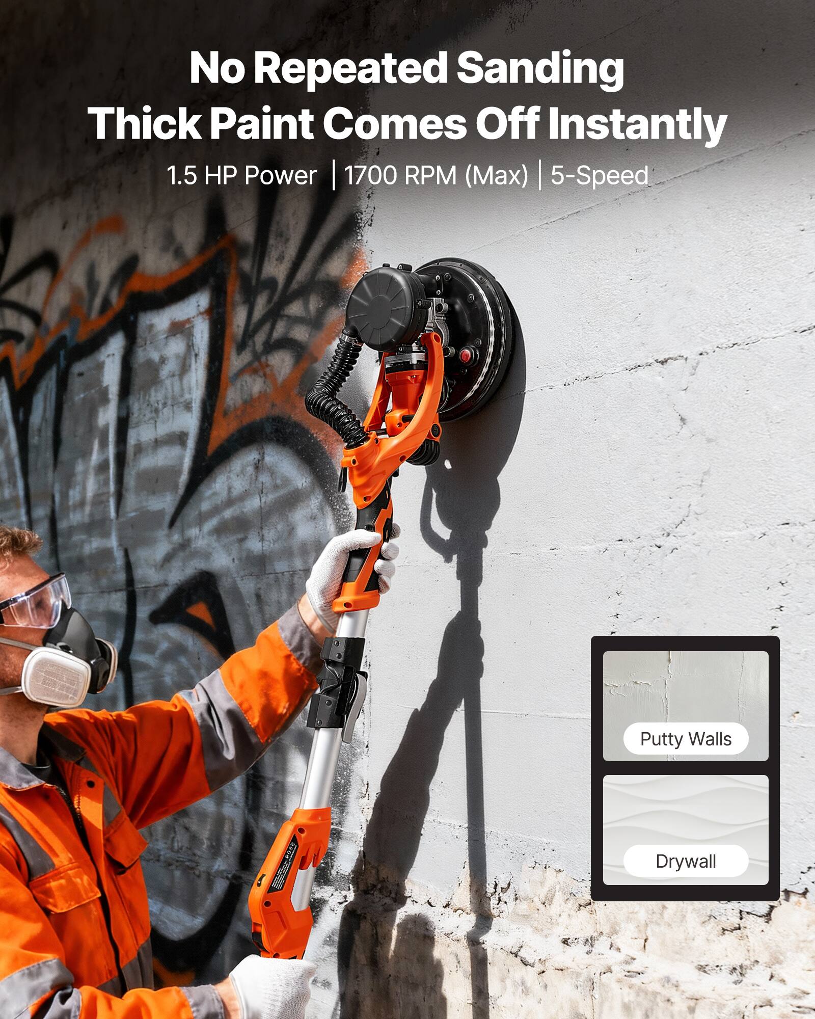 No Repeated Sanding Thick Paint Comes Off Instantly  
1.5 HP Power | 1700 RPM (Max) | 5-Speed  

Putty Walls  
Drywall