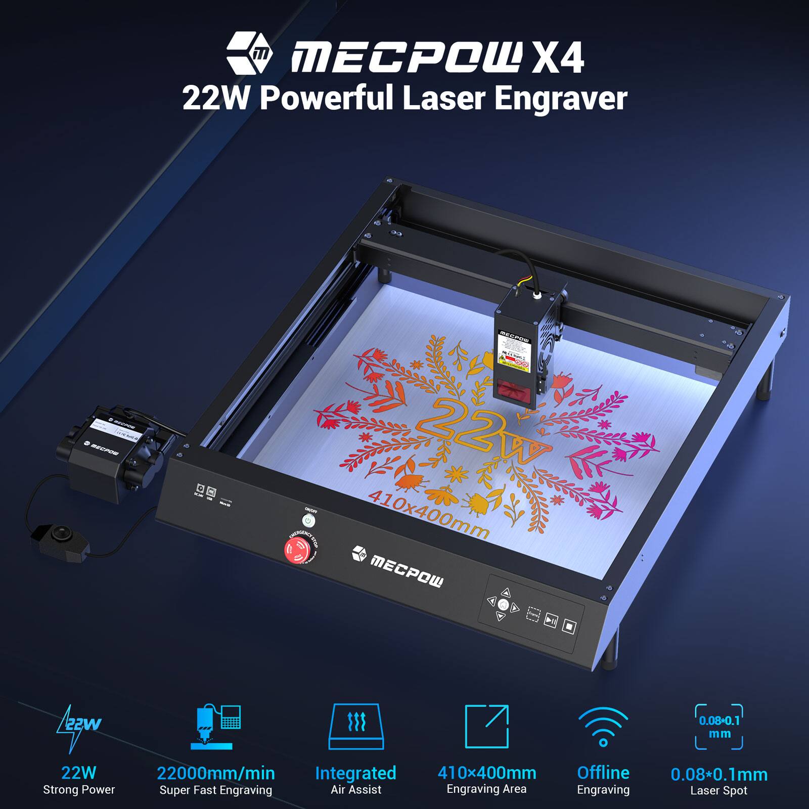 MECPOW X4 22W Powerful Laser Engraver - 410x400mm MECPW 22W 22000mm/min Integrated Strong Power Super Fast Engraving Air Assist 410x400mm Engraving Area 0.08-0.1 mm Offline 0.08*0.1mm Engraving Laser Spot
