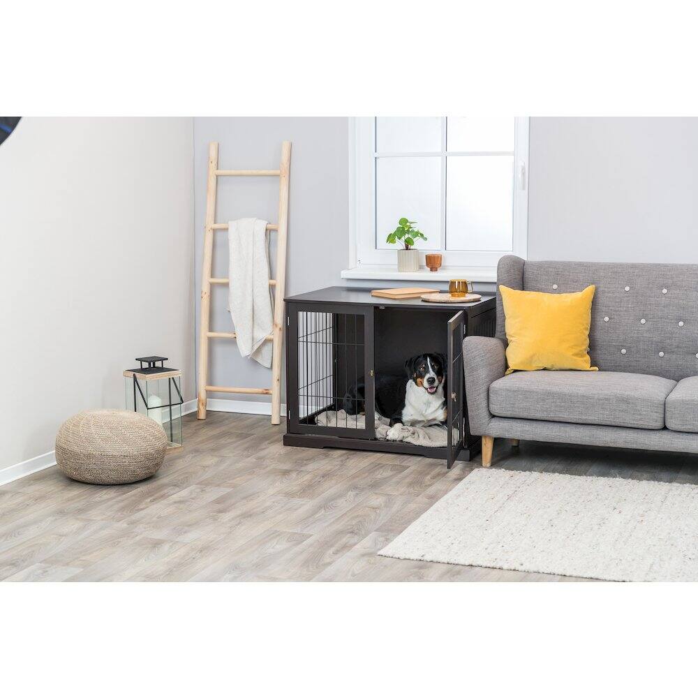 Angle. TRIXIE - Dog Crate, Wooden Indoor Kennel Furniture for Dogs Up to 66 lb - Espresso Brown.