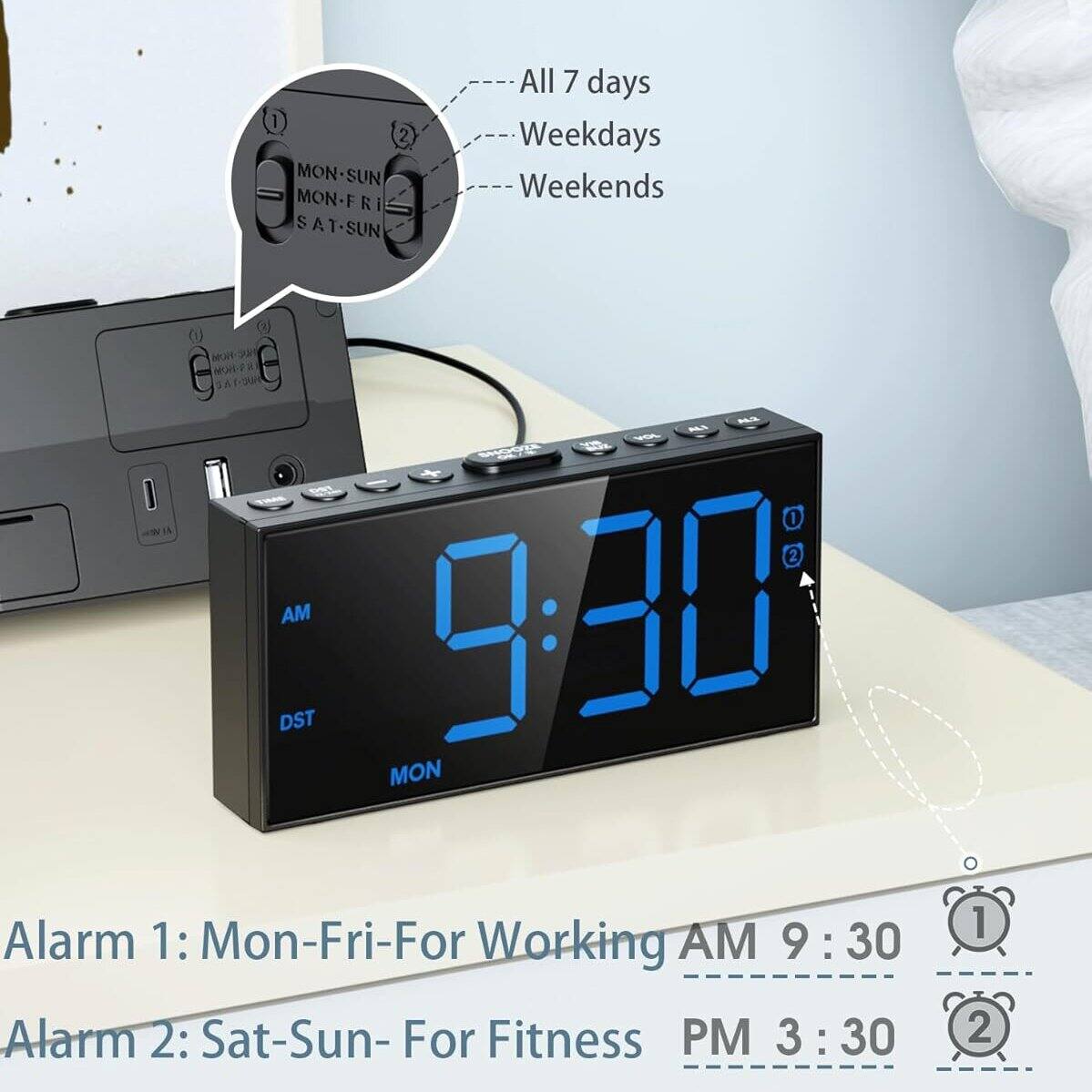 Sure, here is the corrected and grouped text:

---

**Alarm 1: Mon-Fri-For Working AM 9:30**

**Alarm 2: Sat-Sun- For Fitness PM 3:30**

---

**All 7 days**

**Weekdays**

**Weekends**

---

**MON-SUN**

**MON-FRI**

**SAT-SUN**

---

**AM**

**DST**

**MON**

---