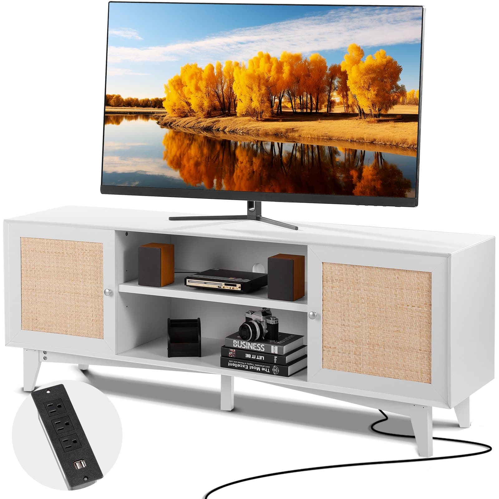 Glintex - Rattan TV Stand for 75" TVs, Boho Cabinet with Rattan Doors, Built-in Socket, Adjustable Shelves, Media Storage Unit - White