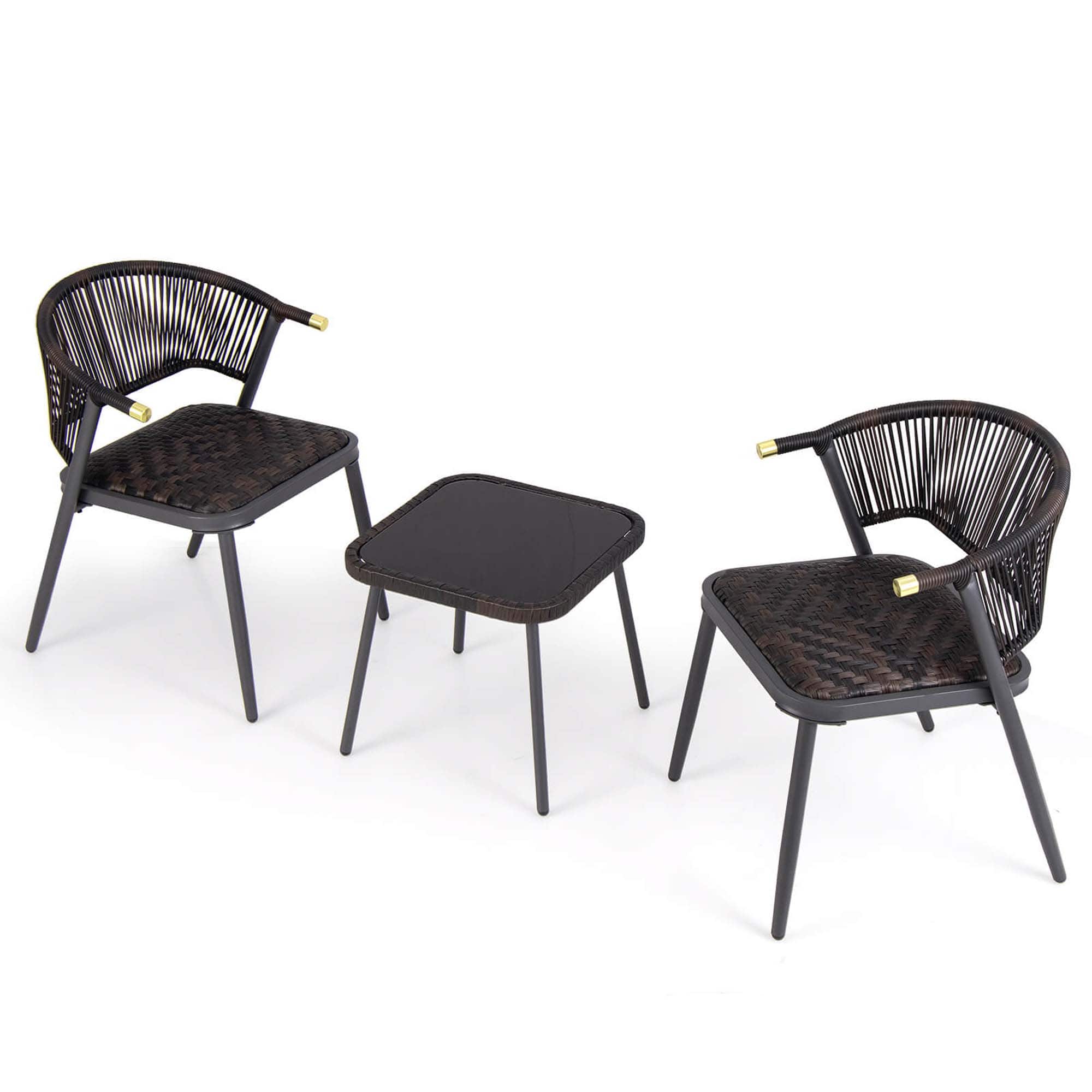 Gymax - Set of 3 Rattan Furniture Set w/ Tempered Glass Tabletop Wicker Seat Patio Black - Mix Brown, Black price history on PriceWatchPro