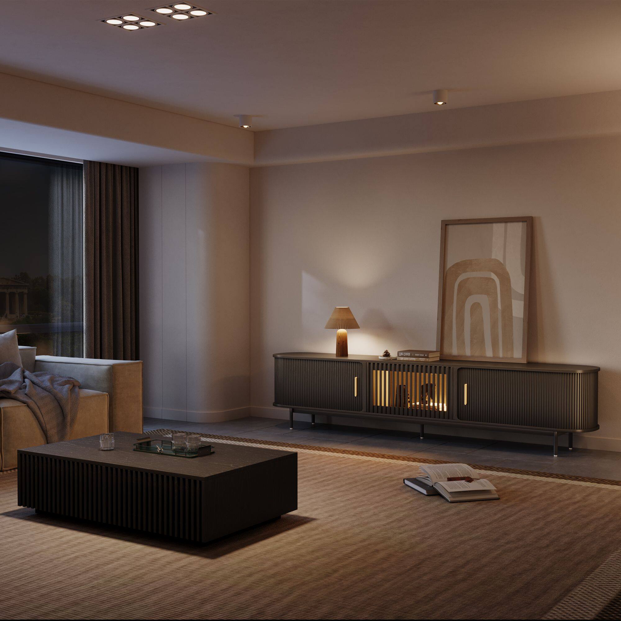 Left. POVISON - 94"Mid-Century Modern Tambour Door TV Stand,Black with LED Lights - Black with LED Lights.