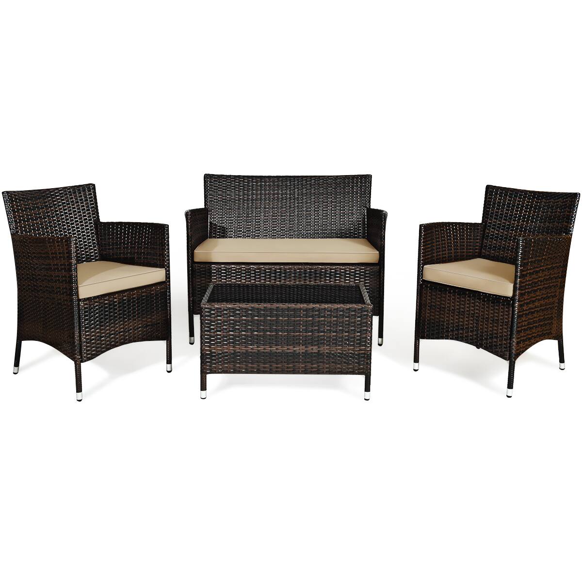 Alt View 1. Gymax - Gymax 4 PCS Patio Garden Rattan Furniture Set Coffee Table Cushioned Sofa Brown - Khaki.