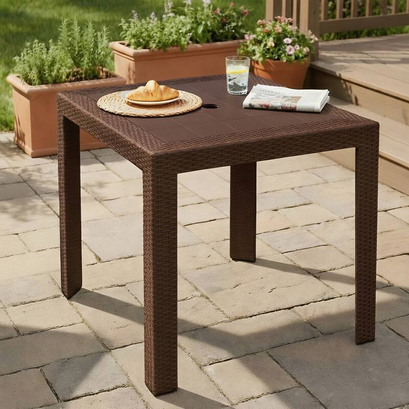 Angle. LeisureMod - Mace Weave Design 31Inch Outdoor Dining Table, Weather-Resistant Patio Accent Table, Modern Backyard Furniture - Brown.