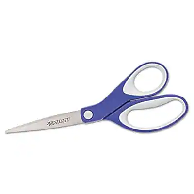 Front. Westcott - Straight KleenEarth Soft Handle Scissors, 8" length - Blue/Gray.