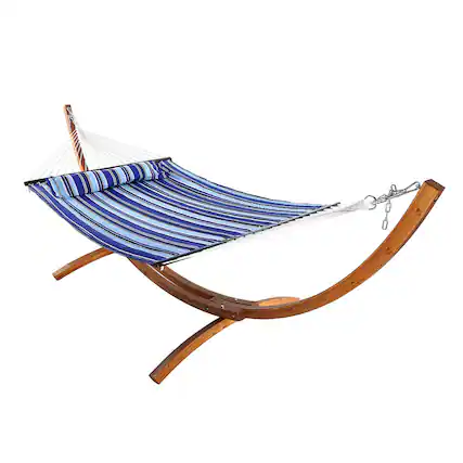 Front. Sunnydaze - Large Quilted Hammock with Curved Wooden Stand - Catalina Beach.
