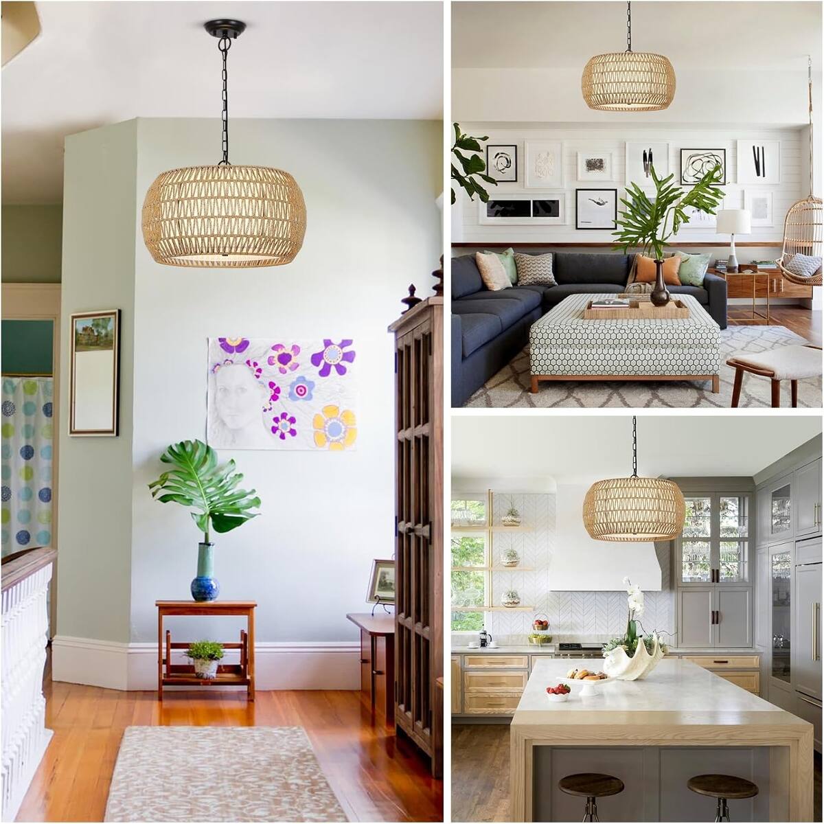 Alt View 3. Loheer - Loheer Five Light Rattan Chandelier, Brown Farmhouse Dining Room Pendant Light.