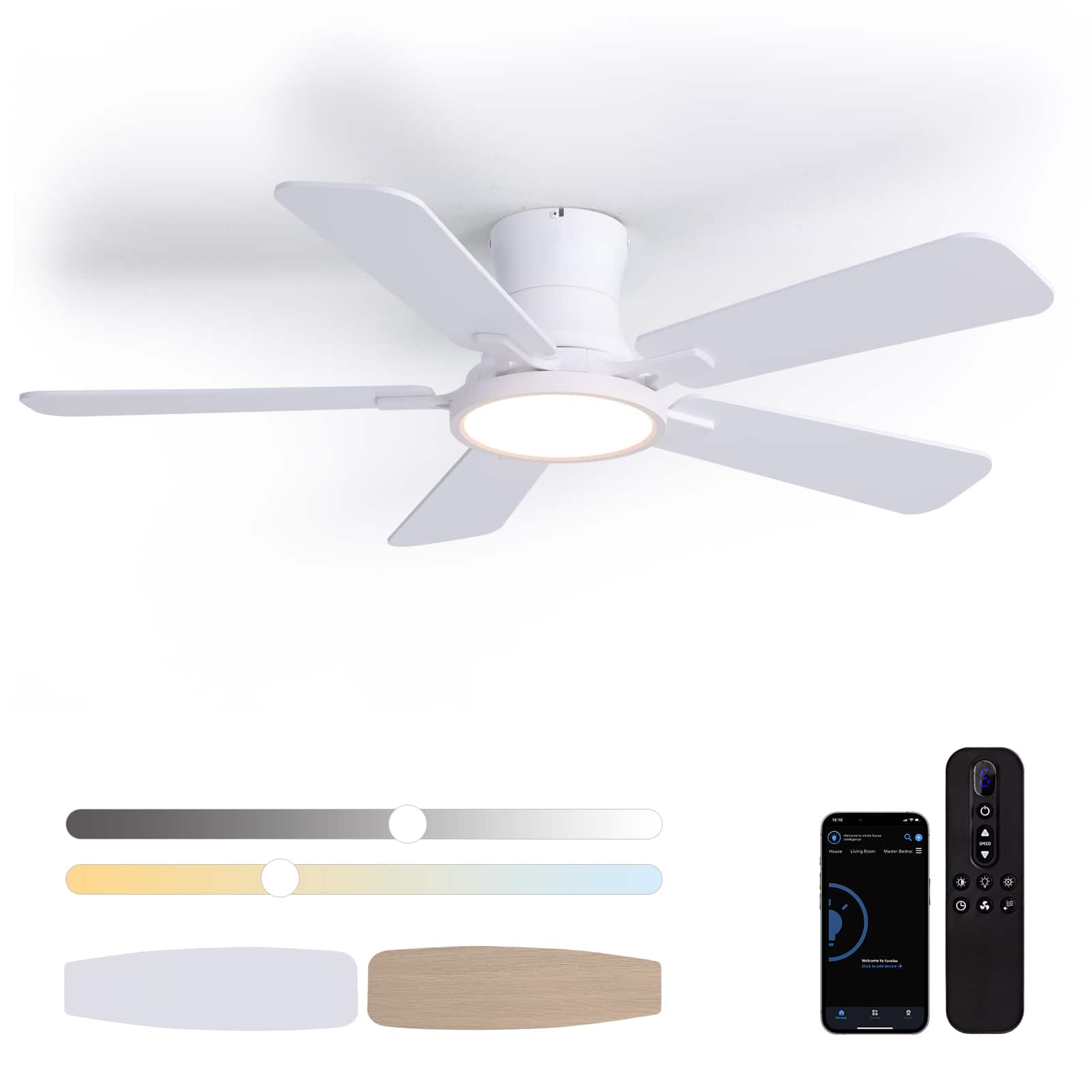 Siljoy - 44 Inch Flush Mount Ceiling Fan with Light Slim Profile 5 Blades Low Profile Fan Light for Bedroom Living Room - White price history on PriceWatchPro