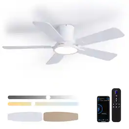 Siljoy - 44 Inch Flush Mount Ceiling Fan with Light Slim Profile 5 Blades Low Profile Fan Light for Bedroom Living Room - White