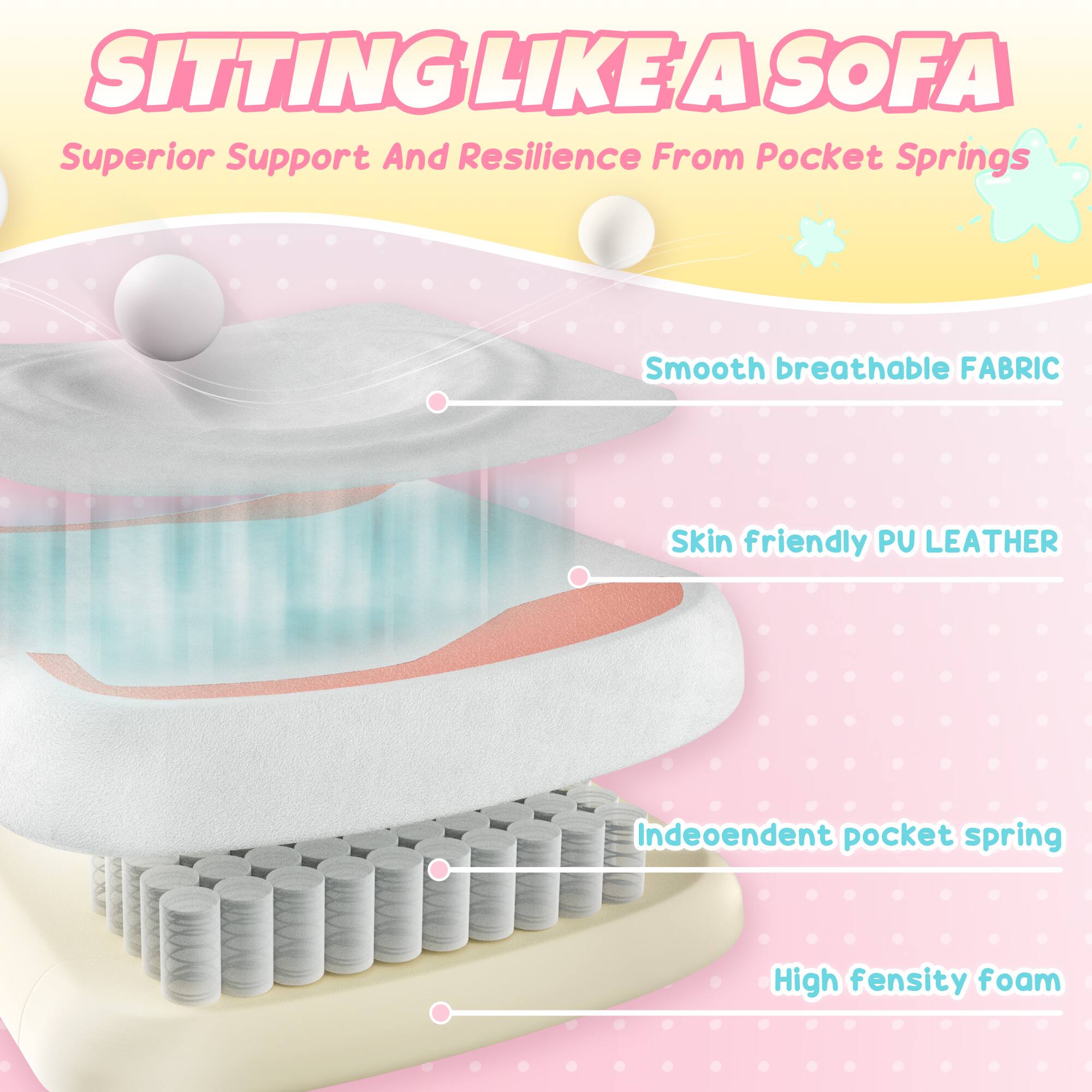 SITTING LIKE A SOFA  
Superior Support And Resilience From Pocket Springs  

Smooth breathable FABRIC  
Skin friendly PU LEATHER  
Independent pocket spring  
High density foam