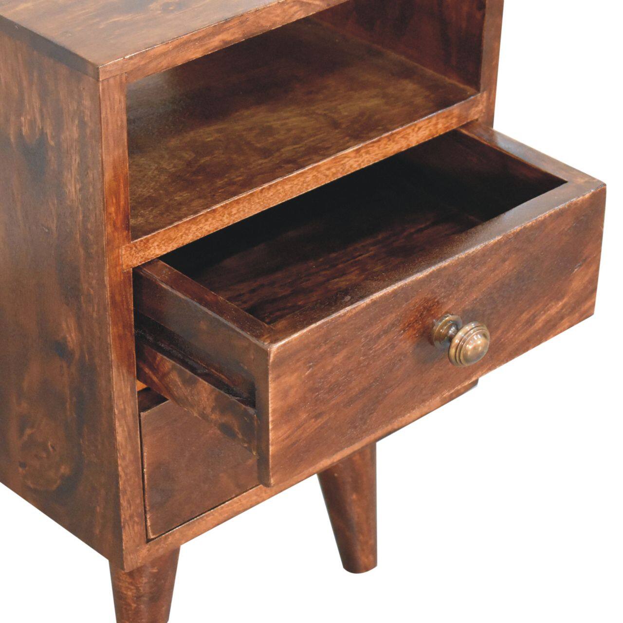Alt View 2. Artisan Furniture - Artisan Furniture Solid Wood Mini Classic California Walnut Bedside, 2 Drawers, 1 Open Slot, Nordic Legs, Dark Brown - Walnut Finish.