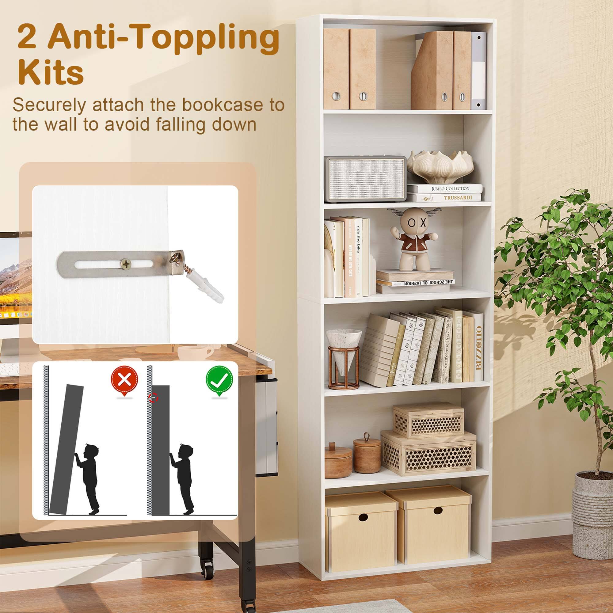 The text on the image reads: "2 Anti-Toppling Kits Securely attach the bookcase to the wall to avoid falling down."