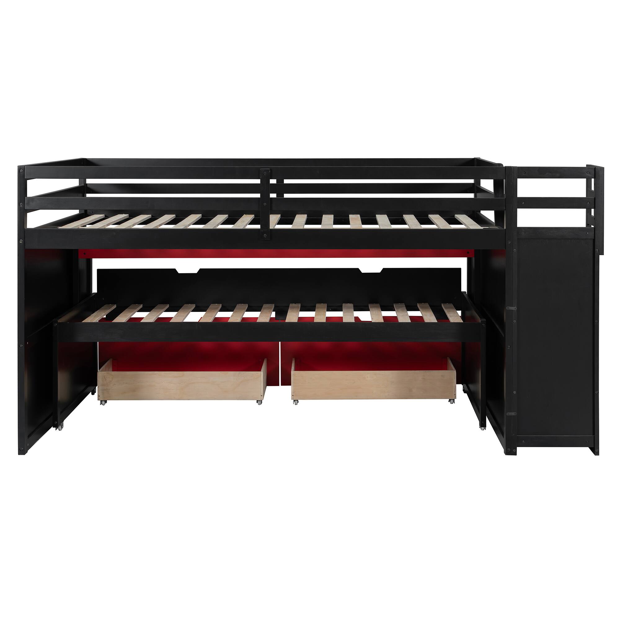 Alt View 2. Whisen - Gaming Loft Bed with Pull-Out Desk,Trundle and Storage Stairs,Multi-Functional Workstation Bed Frame - Black+Red.