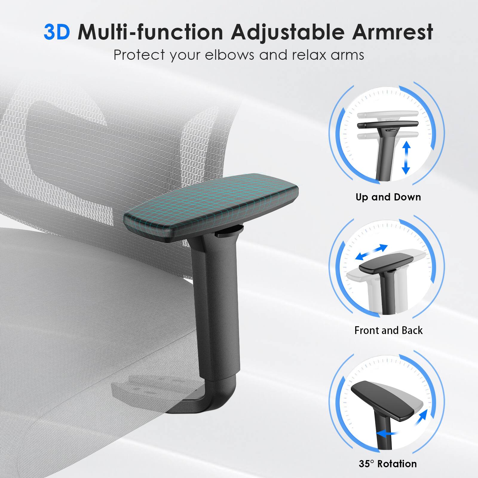 3D Multi-function Adjustable Armrest  
Protect your elbows and relax arms  

- Up and Down  
- Front and Back  
- 35° Rotation