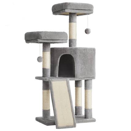 Front. Songmics Home - Cat Tree, 44.9-Inch Cat Tower, Plush Condo with Scratching Post, Ramp, Perch, Spacious Cave, for Small Space - Light Gray.