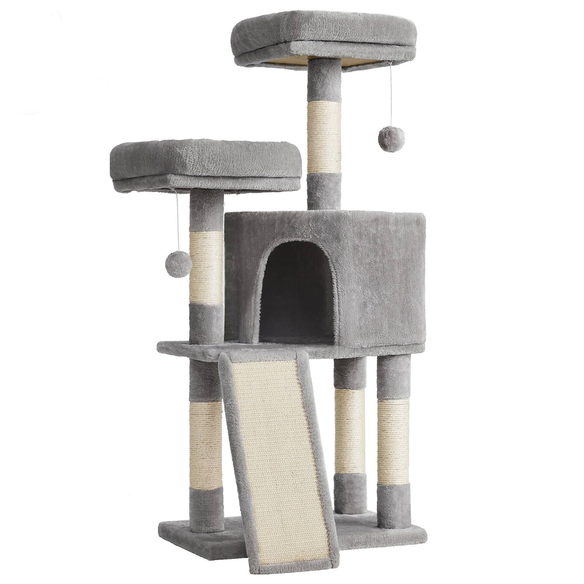 Front. Songmics Home - Cat Tree, 44.9-Inch Cat Tower, Plush Condo with Scratching Post, Ramp, Perch, Spacious Cave, for Small Space - Light Gray.