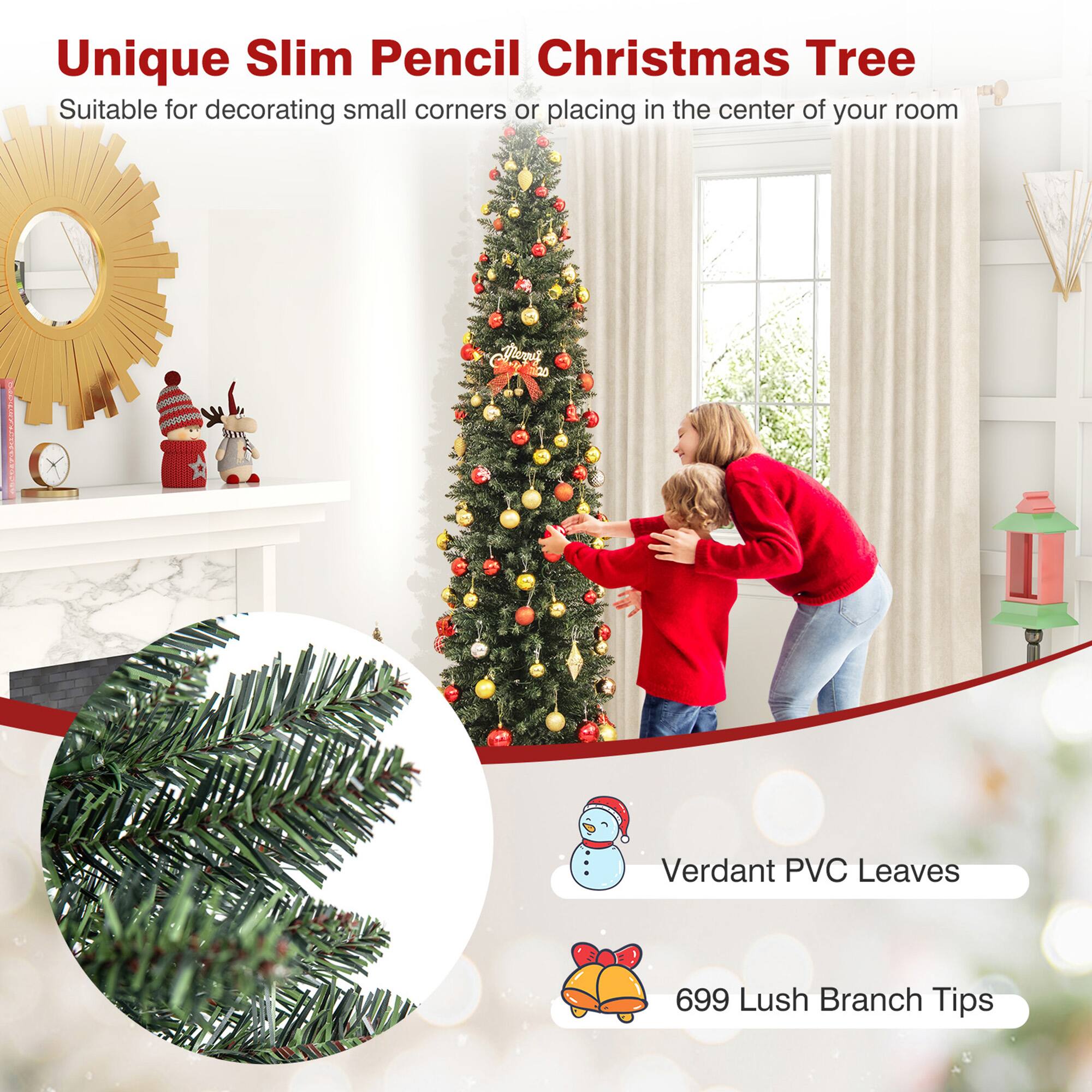 Unique Slim Pencil Christmas Tree  
Suitable for decorating small corners or placing in the center of your room  

Verdant PVC Leaves  
699 Lush Branch Tips