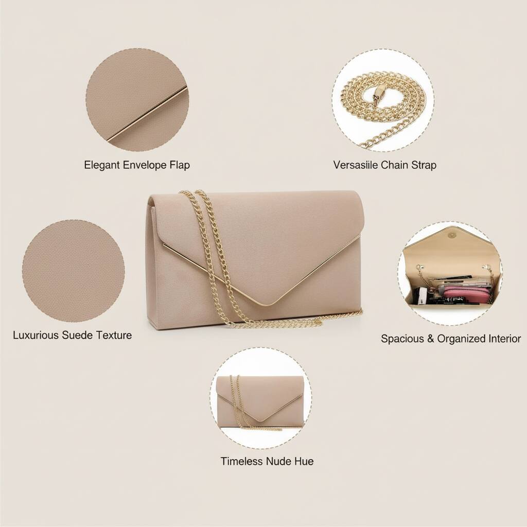 Elegant Envelope Flap  
Versatile Chain Strap  
Luxurious Suede Texture  
Spacious & Organized Interior  
Timeless Nude Hue