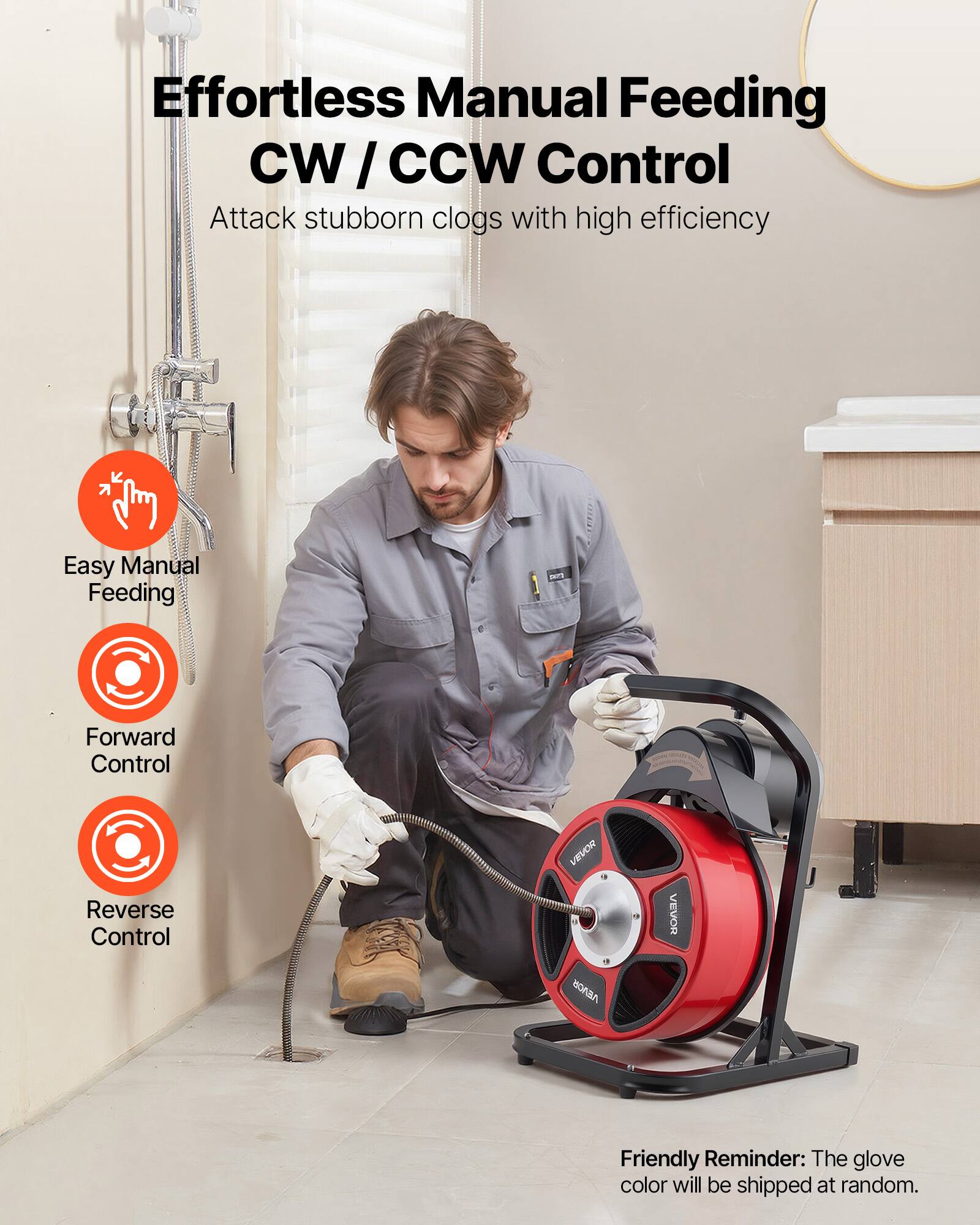 Effortless Manual Feeding CW/CCW Control  
Attack stubborn clogs with high efficiency  

Easy Manual Feeding  
Forward Control  
Reverse Control  

Friendly Reminder: The glove color will be shipped at random.