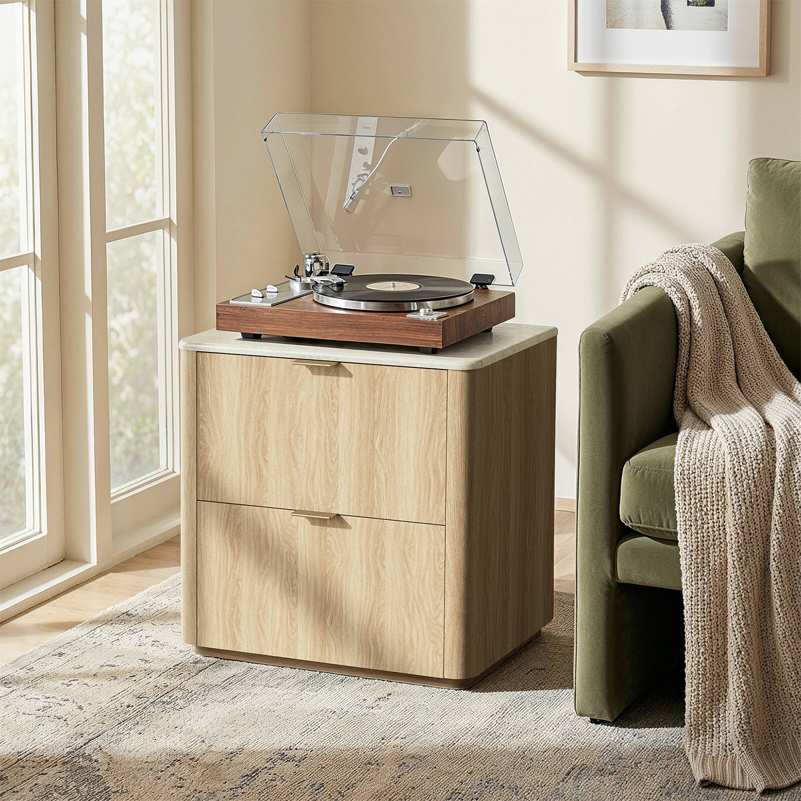 Alt View 5. ModernMate - Nightstand with 2 Drawers Modern Faux Travertine 23.6" Nightstand End Table for Bedroom Living Room - Natural Oak.