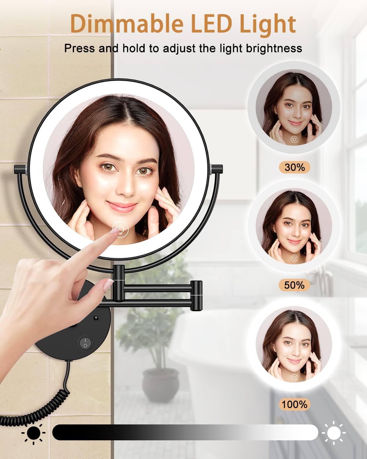 Dimmable LED Light  
Press and hold to adjust the light brightness  

30%  
50%  
100%