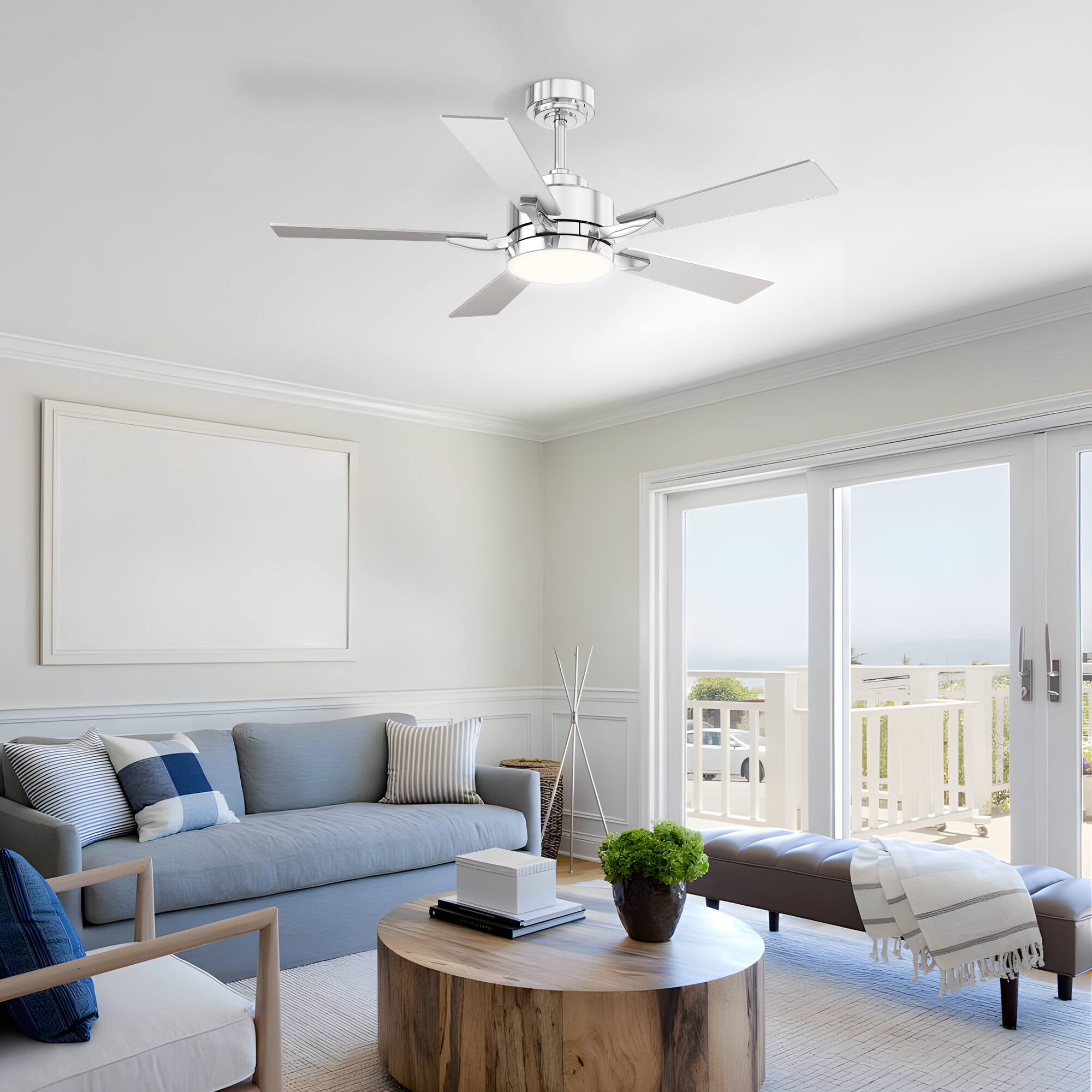 Siljoy - 52" Modern Low Profile Ceiling Fan with Light and APP/Remote, DC Reversible Motor, Dimmable LED for Bedroom/Living Room - Chrome