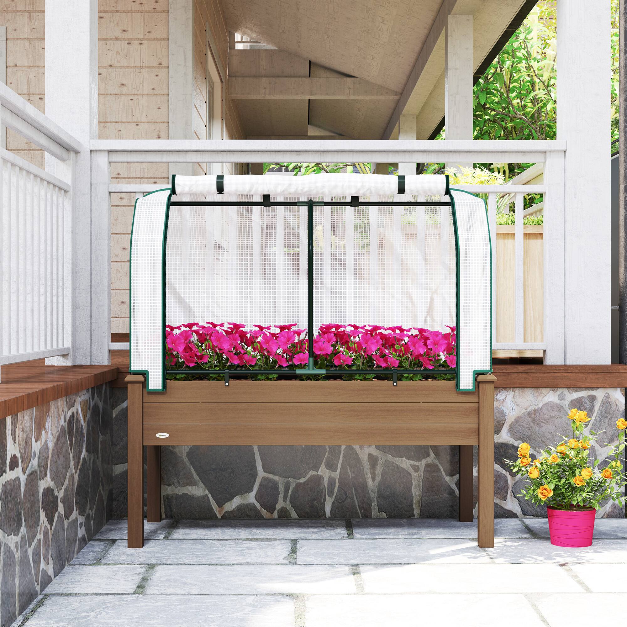 Alt View 8. Outsunny - Raised Garden Bed with PE Greenhouse Cover Outdoor Elevated Wood Planter Box for Herbs and Vegetables - Brown.