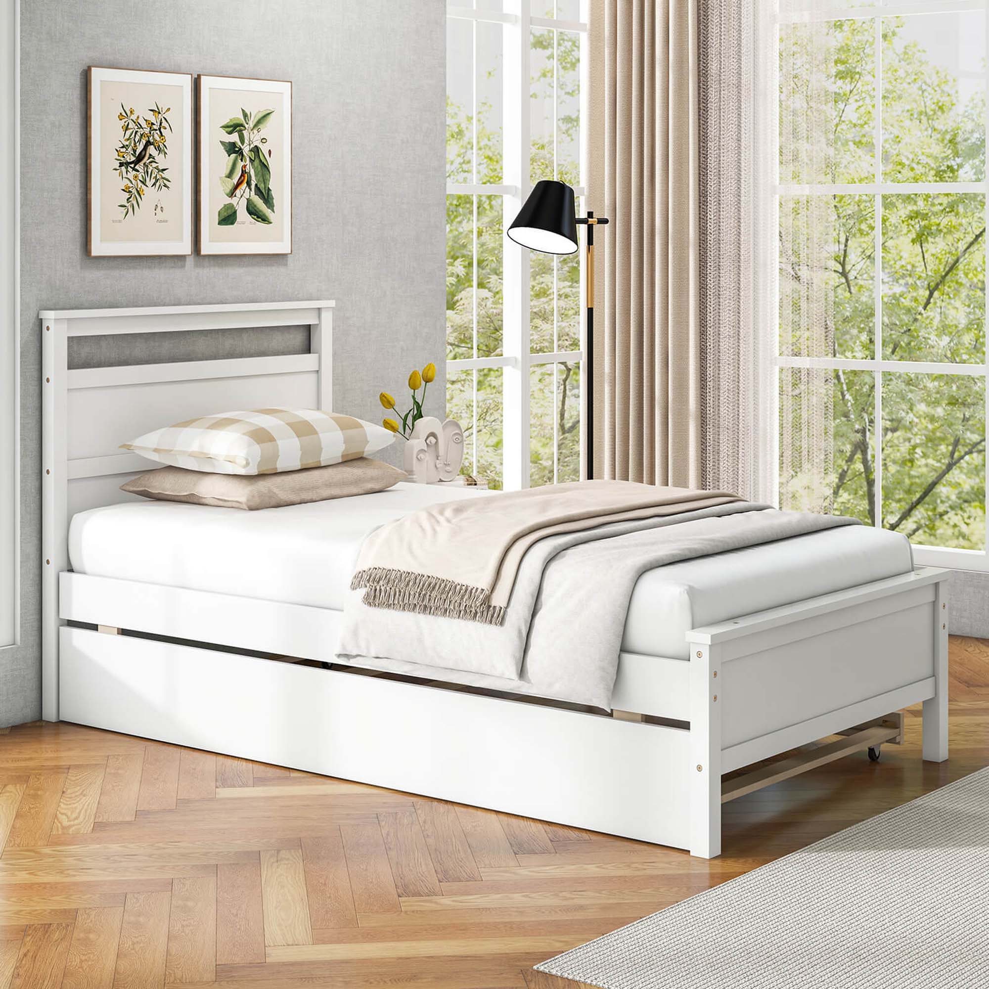 Alt View 2. Costway - Twin Size Platform Bed with Trundle Pull-out Trundle Headboard & Footboard - White.