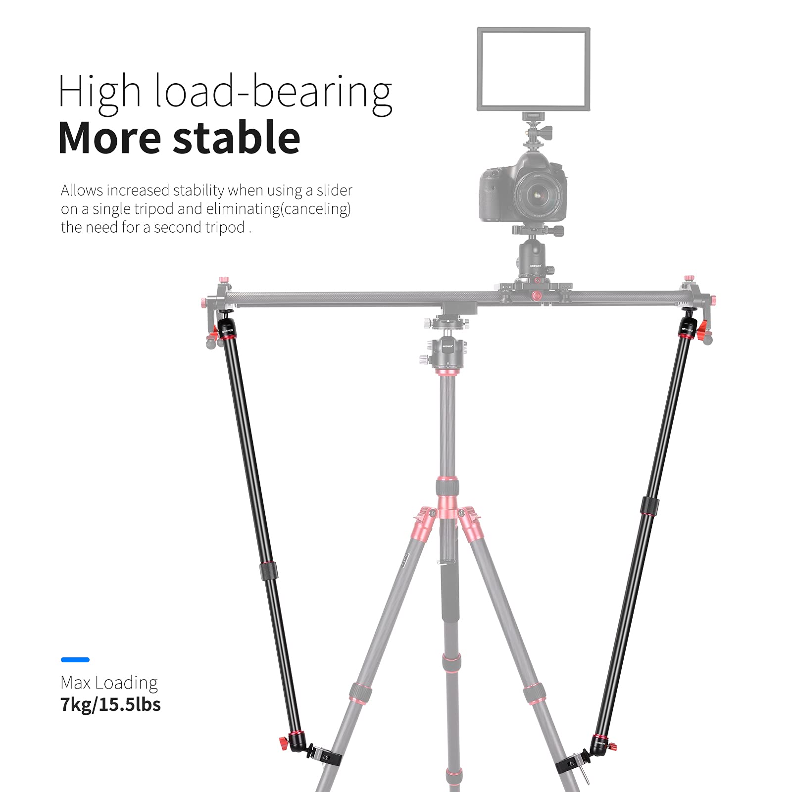 High load-bearing  
More stable  

Allows increased stability when using a slider on a single tripod and eliminating(cancelling) the need for a second tripod.  

Max Loading 7kg/15.5lbs