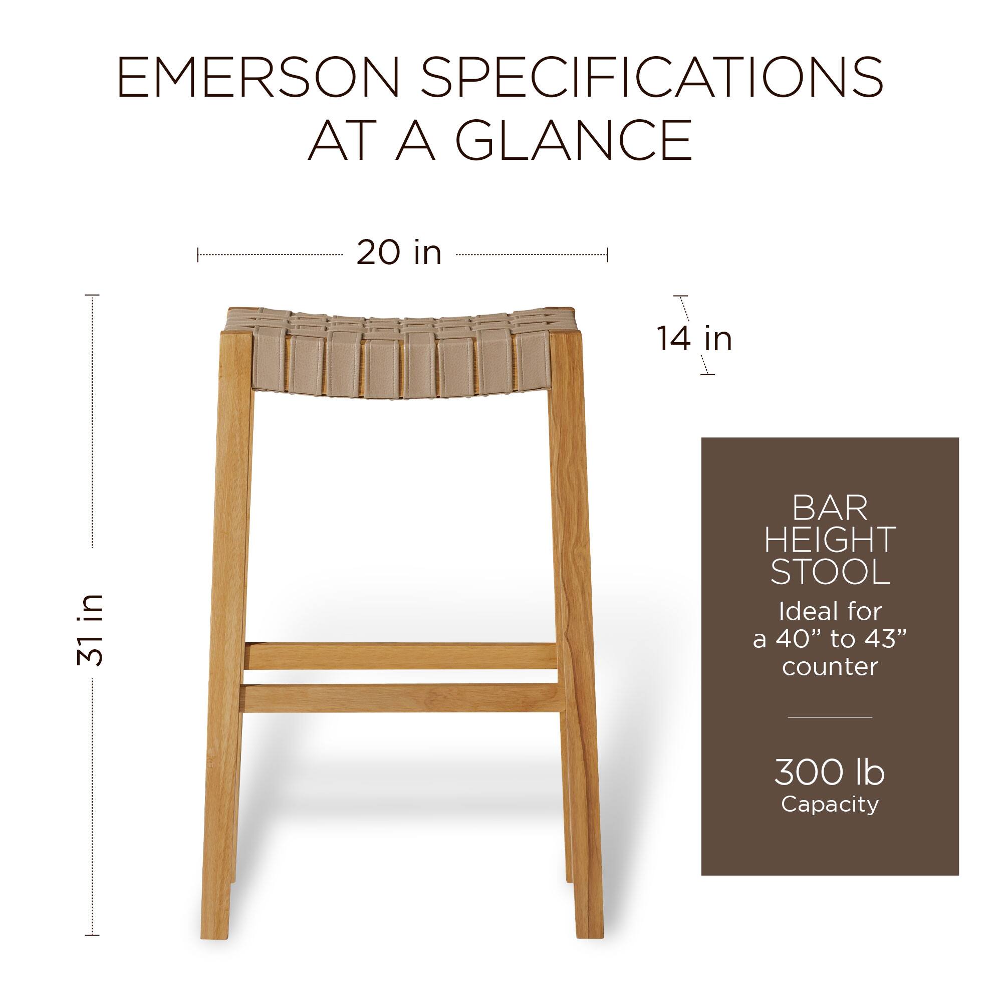 EMERSON SPECIFICATIONS AT A GLANCE

20 in T
14 in W
31 in H

BAR HEIGHT STOOL
Ideal for a 40" to 43" counter
300 lb Capacity