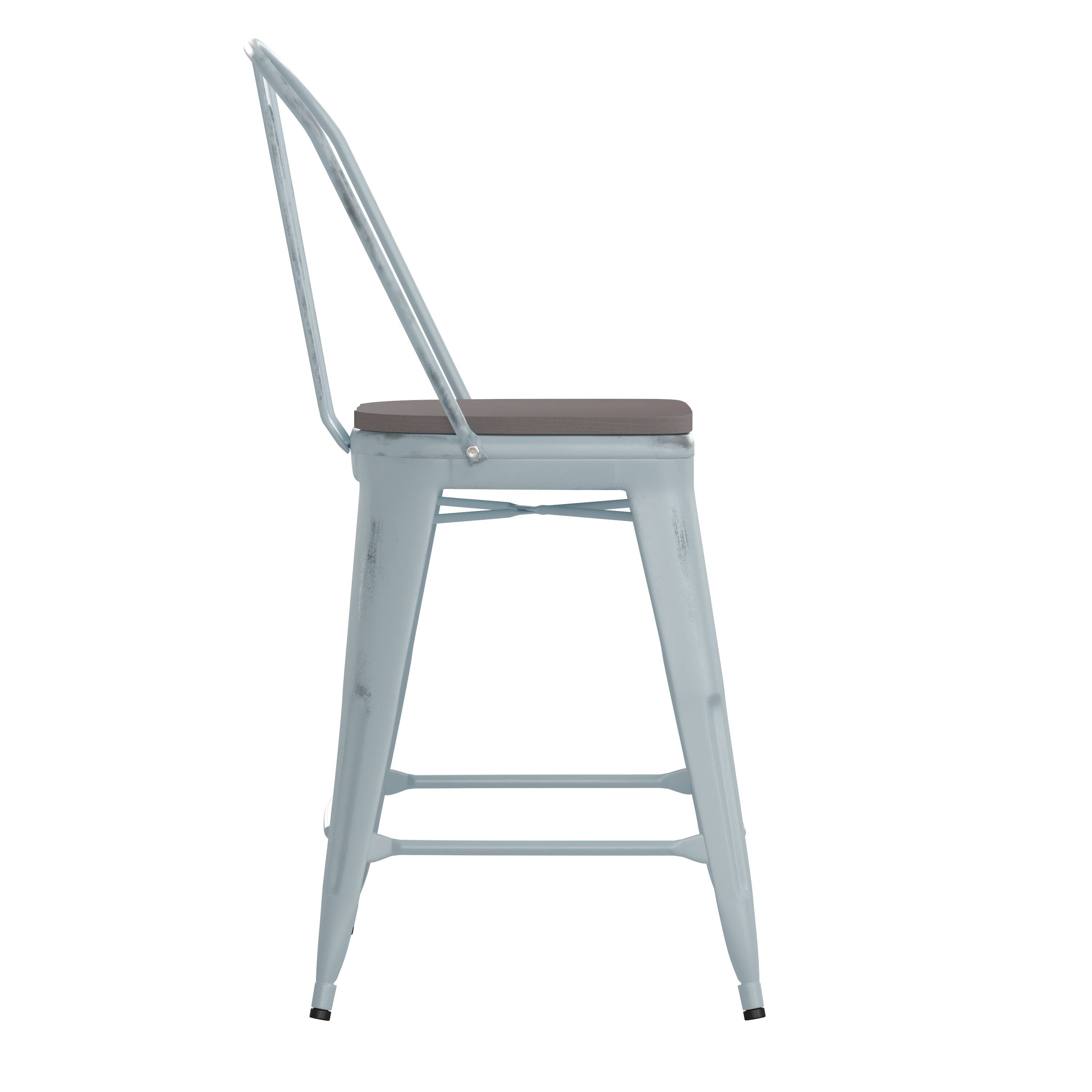 Alt View 9. Emma + Oliver - Nova Distressed Metal Stools with Backs and Polystyrene Seats for Indoor/Outdoor Use - Gray Seat/Green-Blue Frame.