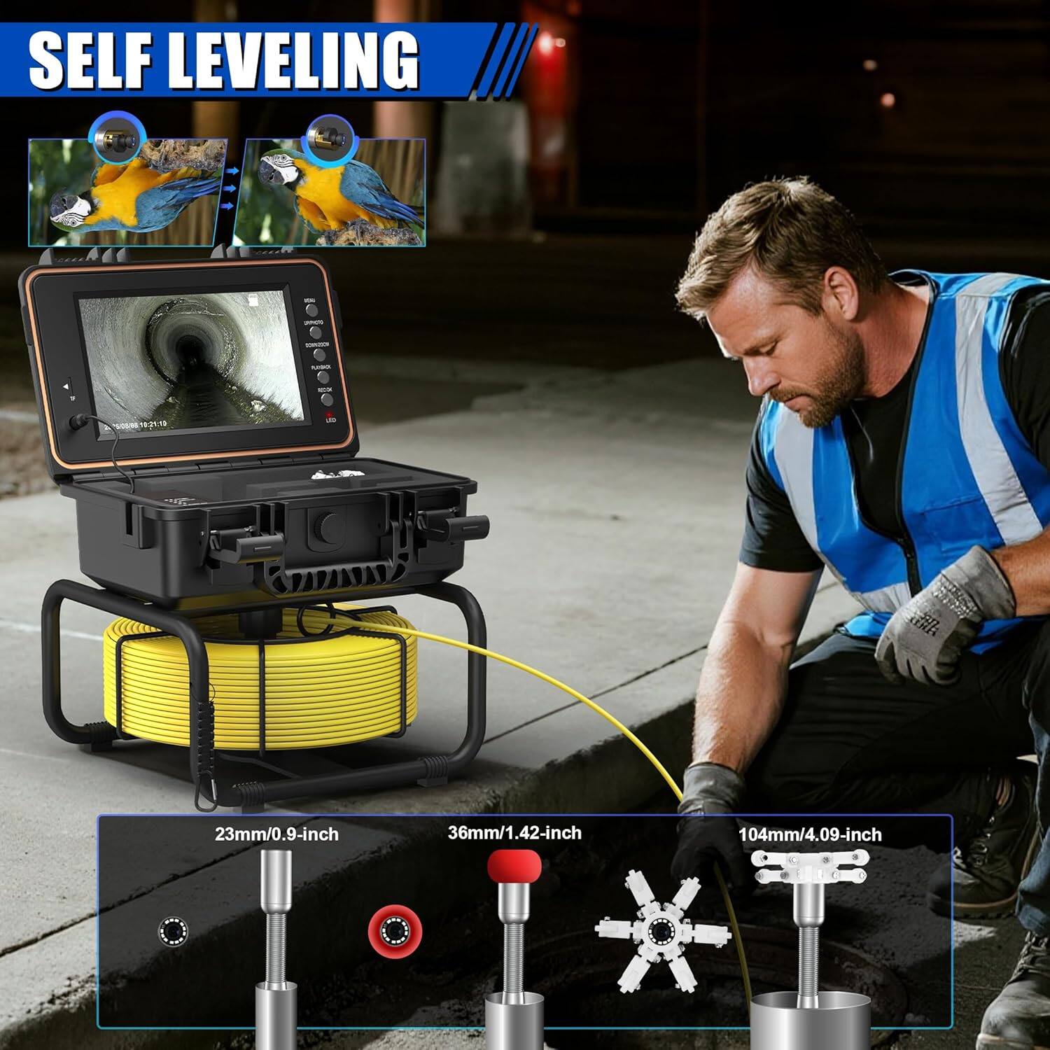Left. Aukfa - Sewer Camera - 9" HD Borescope with Self-Leveling, IP68, 165Ft 5MM Cable, DVR, 5X Zoom, 32GB.