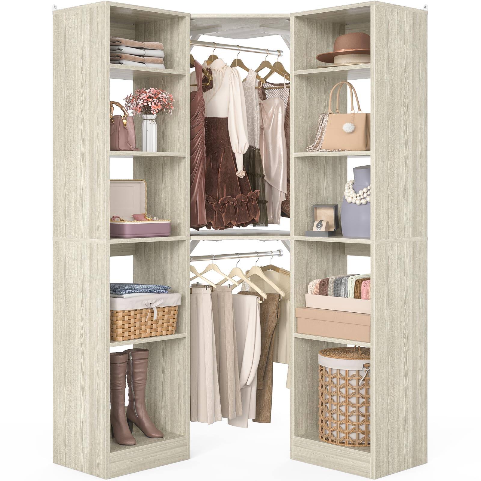 Alt View 2. Aheaplus - Corner Closet Organizer: 12-Shelf + 2 Rods, 39.2" Corner Fit, Space-Saving Design (80" H) - White Oak.